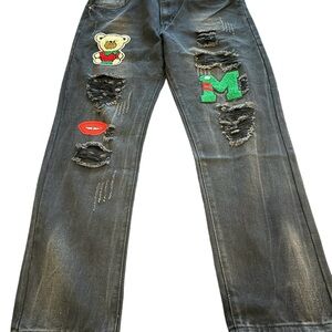 Unisex  black Medium Wash Patched Distressed Denim Straight Leg Jeans Size 36
